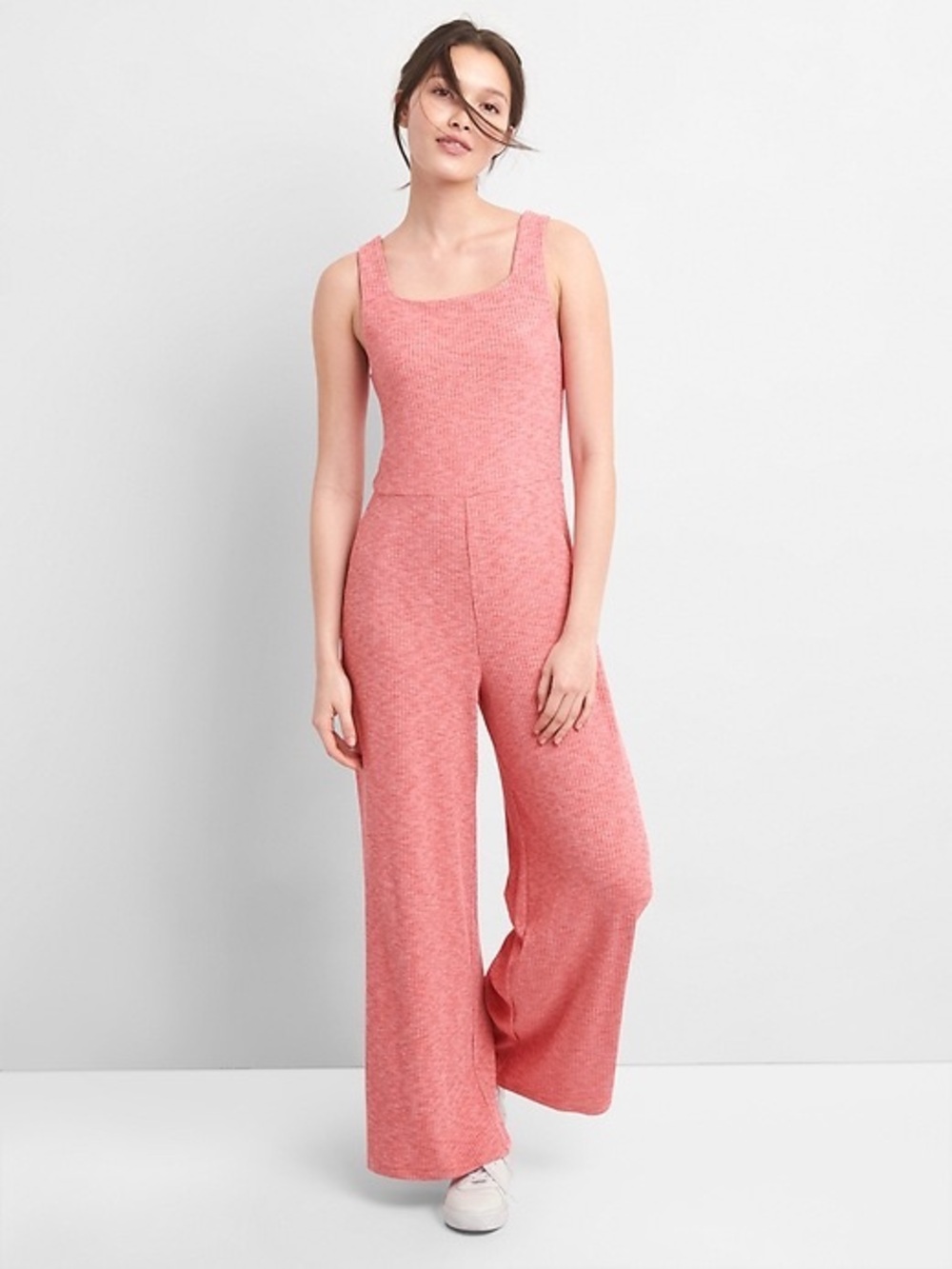 Gap Softspun Ribbed Square Neck Wide Leg Jumpsuit Pink Overall Size M